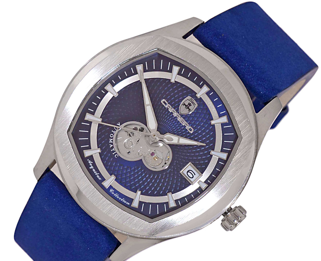LECHATEAU, MEN'S WATCH, 24-JEWELS AUTOMATIC, WITH HEART BEAT BLUE DIAL, BLUE-SUED LEATHER BAND, (MSRP: $2,388.00)