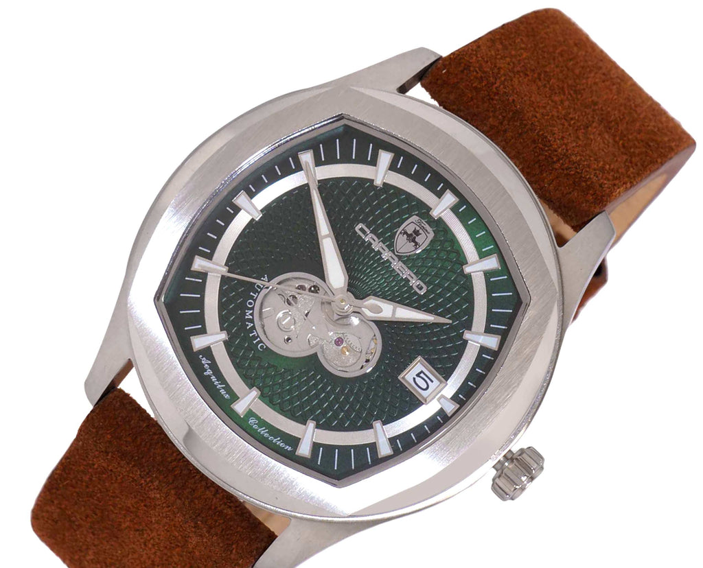 LECHATEAU, MEN'S WATCH, 24-JEWELS AUTOMATIC, WITH HEART BEAT GREEN DIAL, BROWN-SUED LEATHER BAND, (MSRP: $2,388.00)