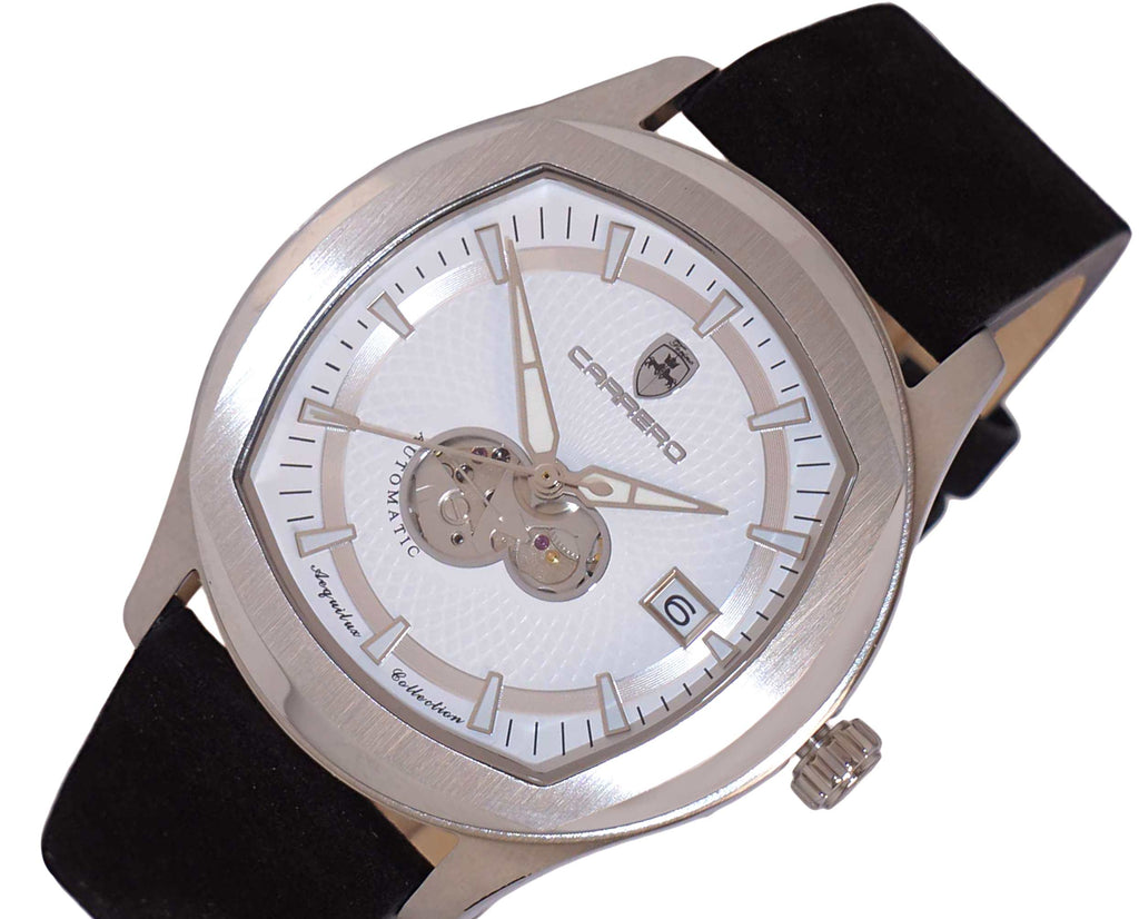 LECHATEAU, MEN'S WATCH, 24-JEWELS AUTOMATIC, WITH HEART BEAT WHITE DIAL, BLACK-SUED LEATHER BAND, (MSRP: $2,388.00)