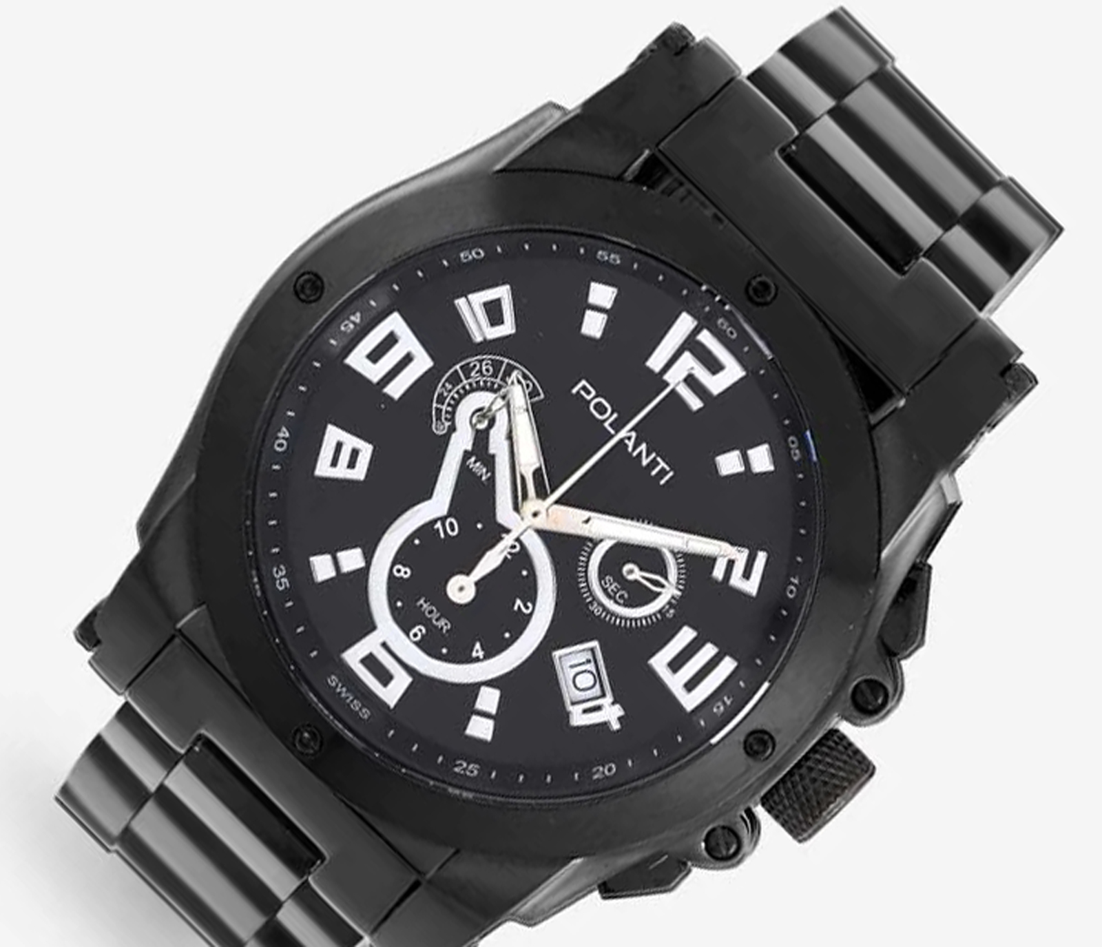 Lechateau  - Polanti G-4 -Swiss Chronograp, Black-IP -Black Stainless Steel, Black Dial, PLZ-2800BK Retail at (MSRP: $1,995.00)