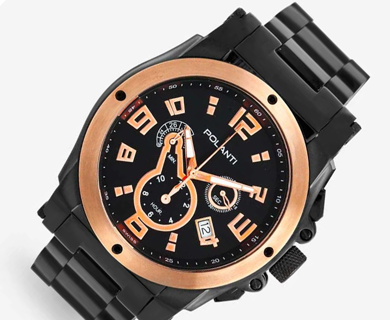 Lechateau  - Polanti G-4 -Swiss Chronograp, Black-IP -Rose Stainless Steel, Black Dial, PLZ-2800RG Retail at (MSRP: $1,995.00)