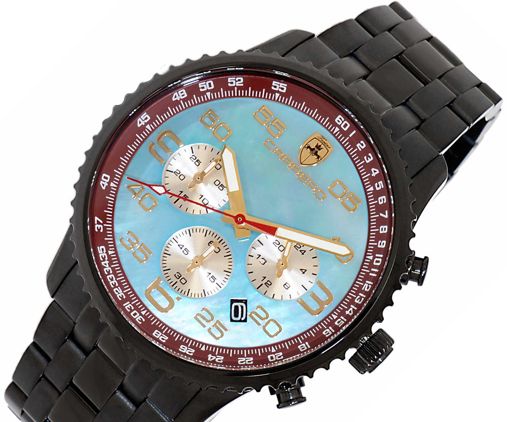 Lechateau - VR32 Mov't Chronograph Mov't, Blue-MOP Dial, Black-IP Stainless Steel case and band  (MSRP: $2,220.00)
