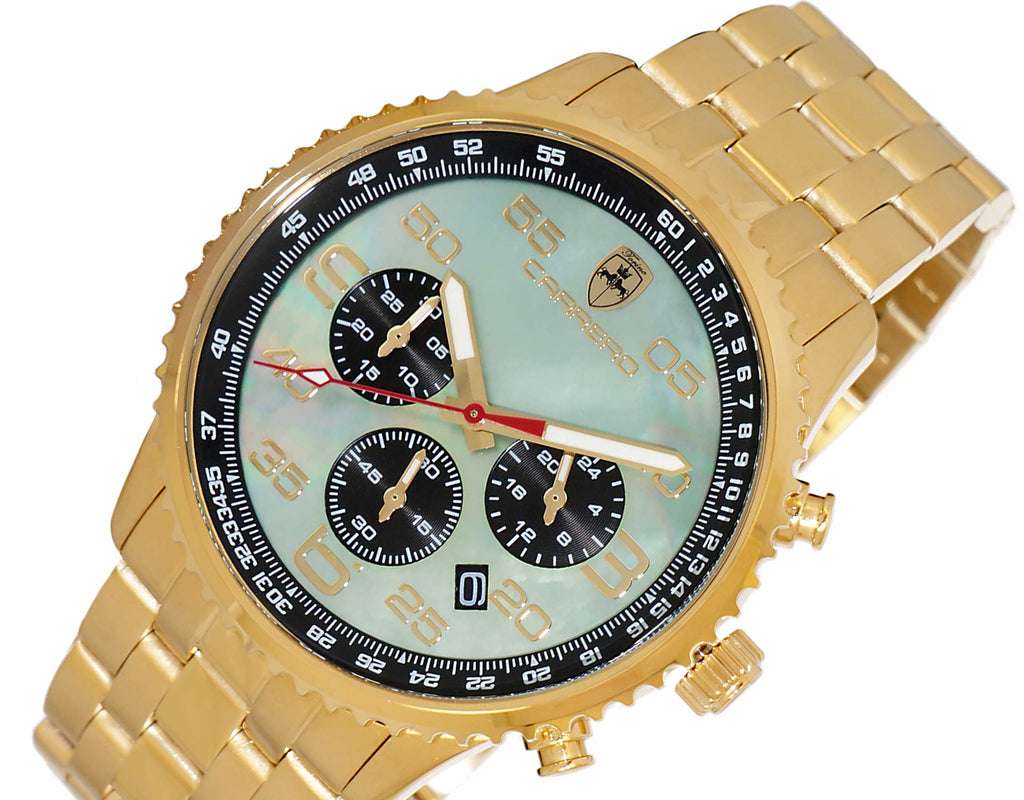 Lechateau - VR32 Mov't Chronograph Mov't,Green MOP Dial, Stainless Steel case and band-Goldtone  (MSRP: $2,220.00)