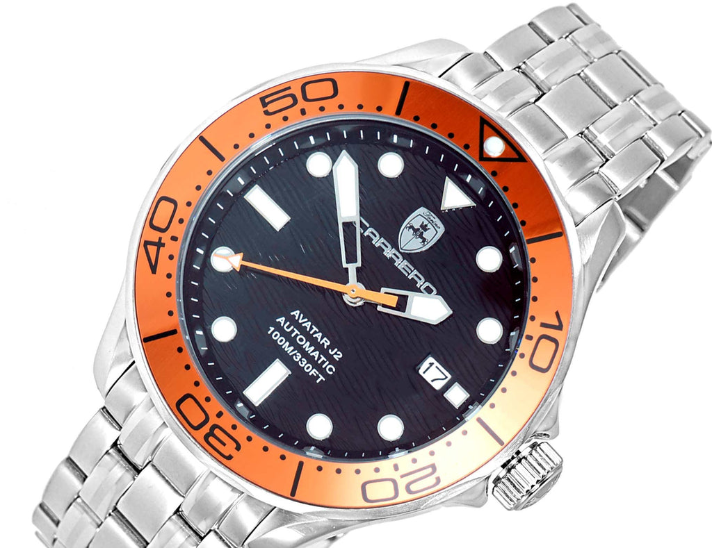 Lechateau Watches - Automatic -24  Jewels NH35, Textured Black Date dial - Orange Bezel , (MSRP: 2,268.00)