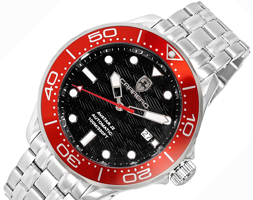 Lechateau Watches - Automatic -24  Jewels NH35, Textured Black Date dial, Red bezel, Retail at (MSRP: 2,268.00)