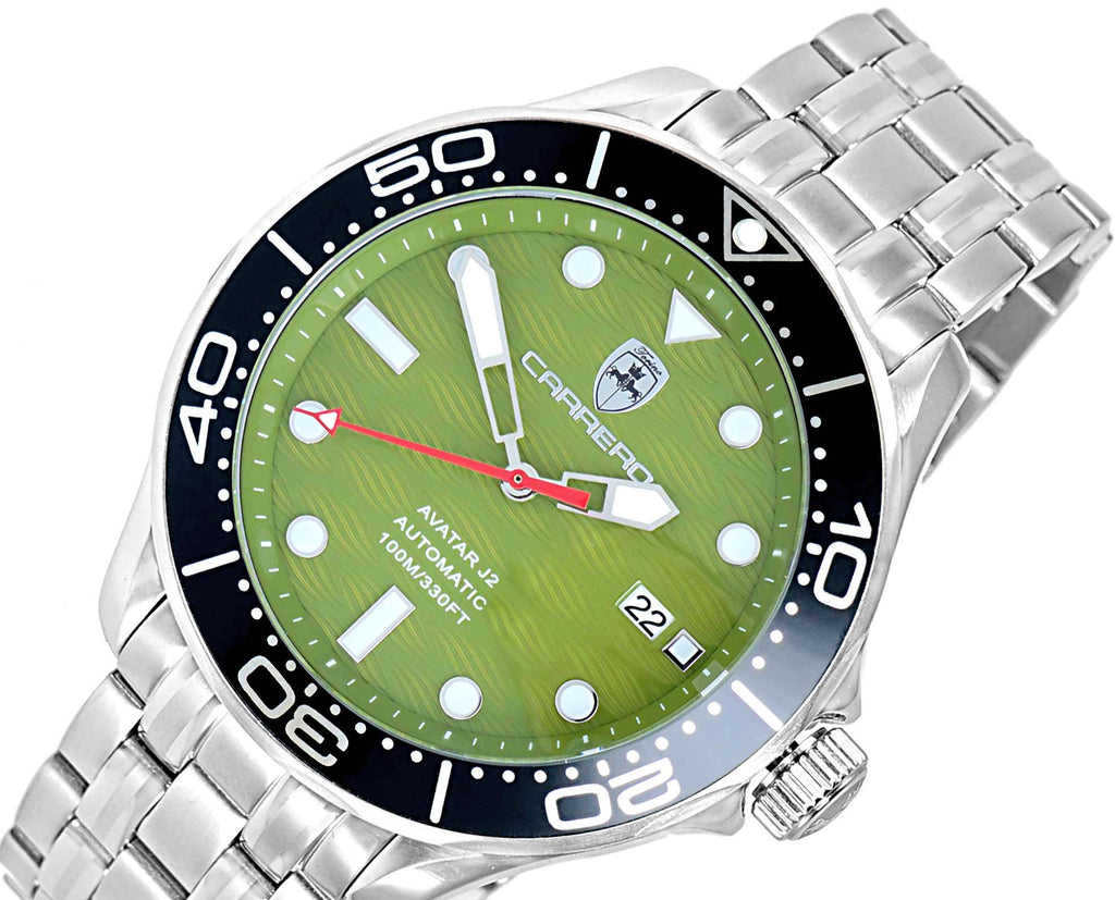 Lechateau Watches - Automatic -24  Jewels NH35, Textured Green Date dial - Black Bezel , (MSRP: 2,268.00)