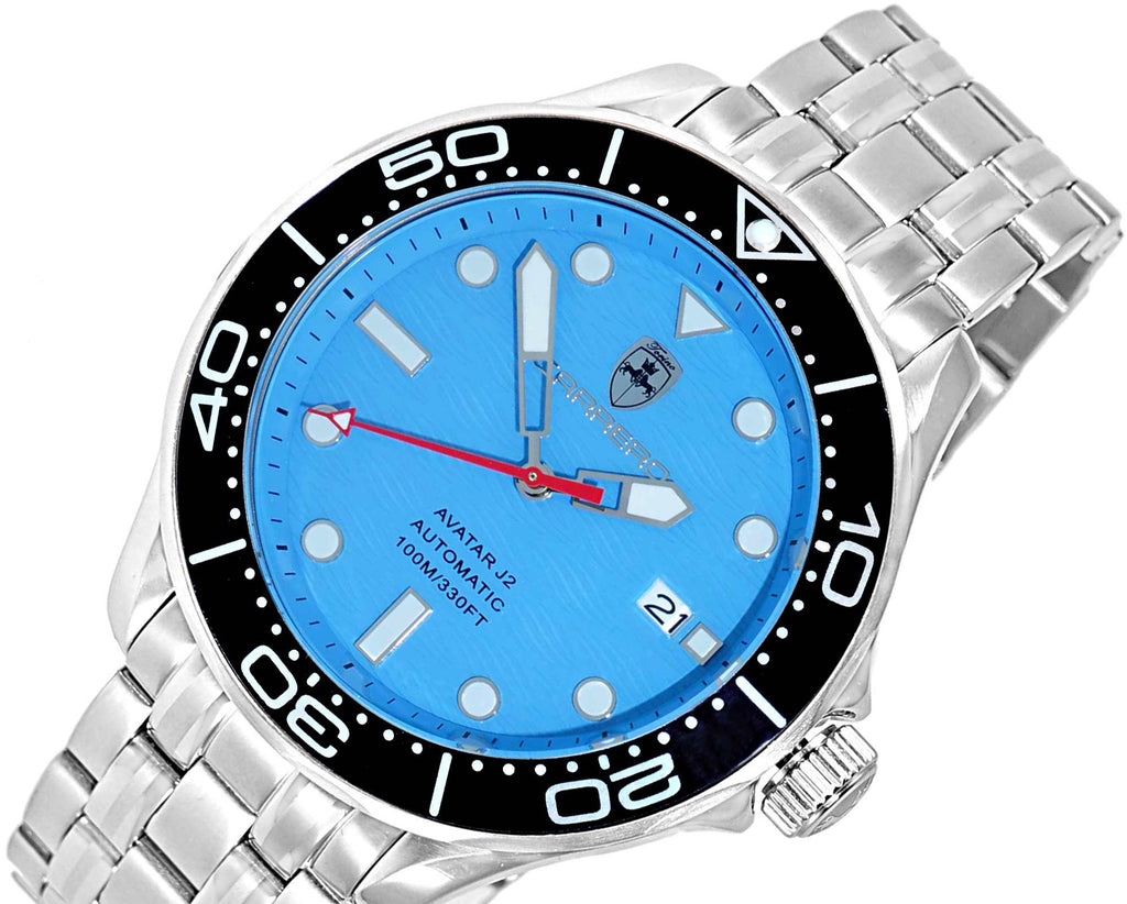 Lechateau Watches - Automatic -24  Jewels NH35, Textured Light-blue Date dial - Black Bezel , (MSRP: 2,268.00)