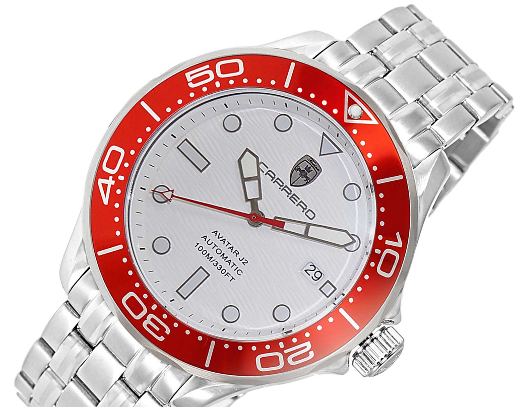 Lechateau Watches- Automatic -24  Jewels NH35, Textured White Date dial, Red Bezel C1S6161WT_RD - Retail at (MSRP: 2,268.00)