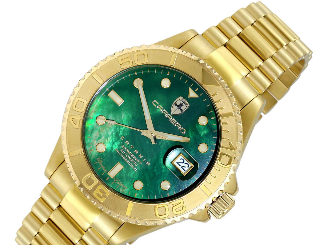 Lechateau Watches Men's Automatic - Magnifying Date, Green MOP Dial with Exhibition Back case (MSRP: $ 2,124.00)
