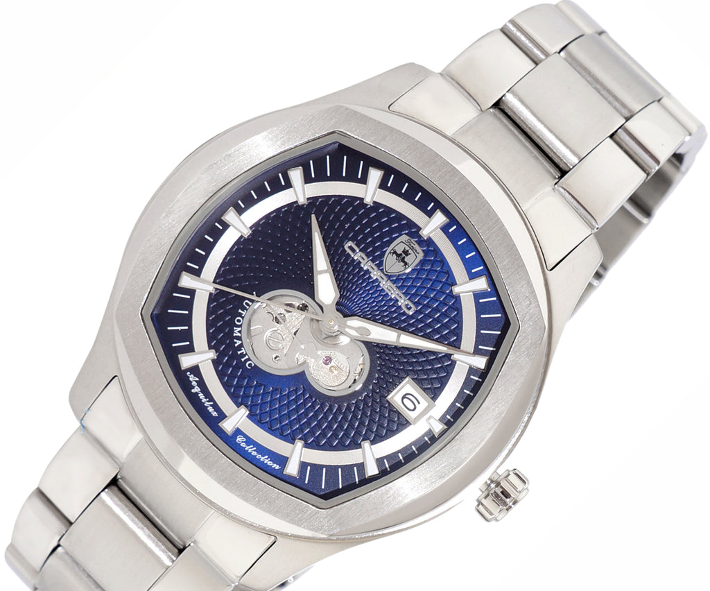 Lechateau Watches, Men's Automatic NH35A - 24 JEWELS, Blue Date Dial with Heart Beat, Exhibition Back (MSRP: $2,268.00)