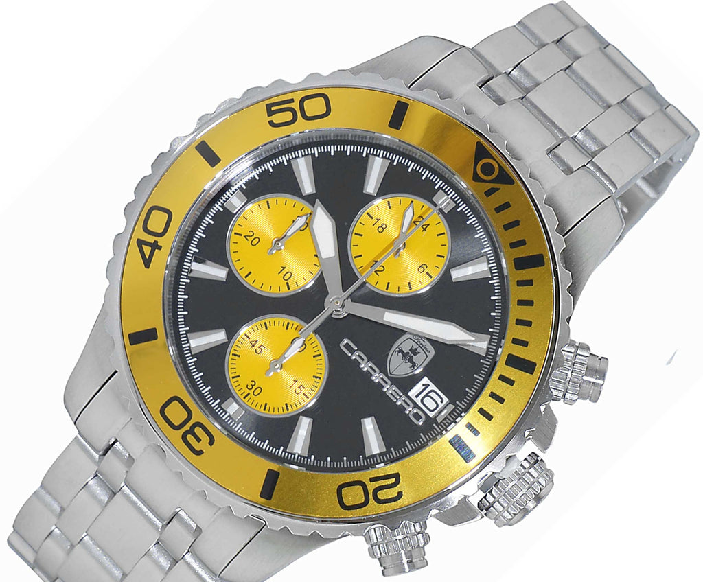 Lechateau Watches, Men's VR33-Chronograph Mov't., Black/Yellow - Date Dial and BEZEL,  C1S3735YL -  RETAIL AT (MSRP: $1,595.00)