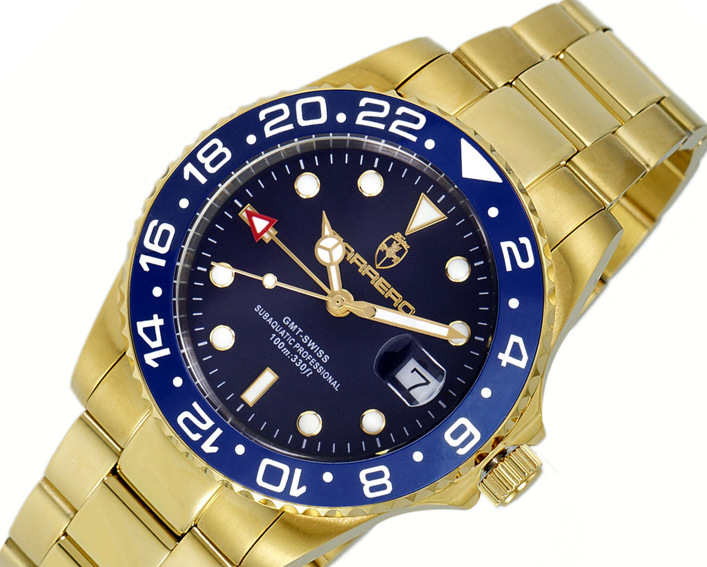 Lechateau Watches Swiss Made Movement, Sunray - Date Dial, Ceramic Bezel, Goldtne , C1G10BU-BUBU - Retail at $1,704.00
