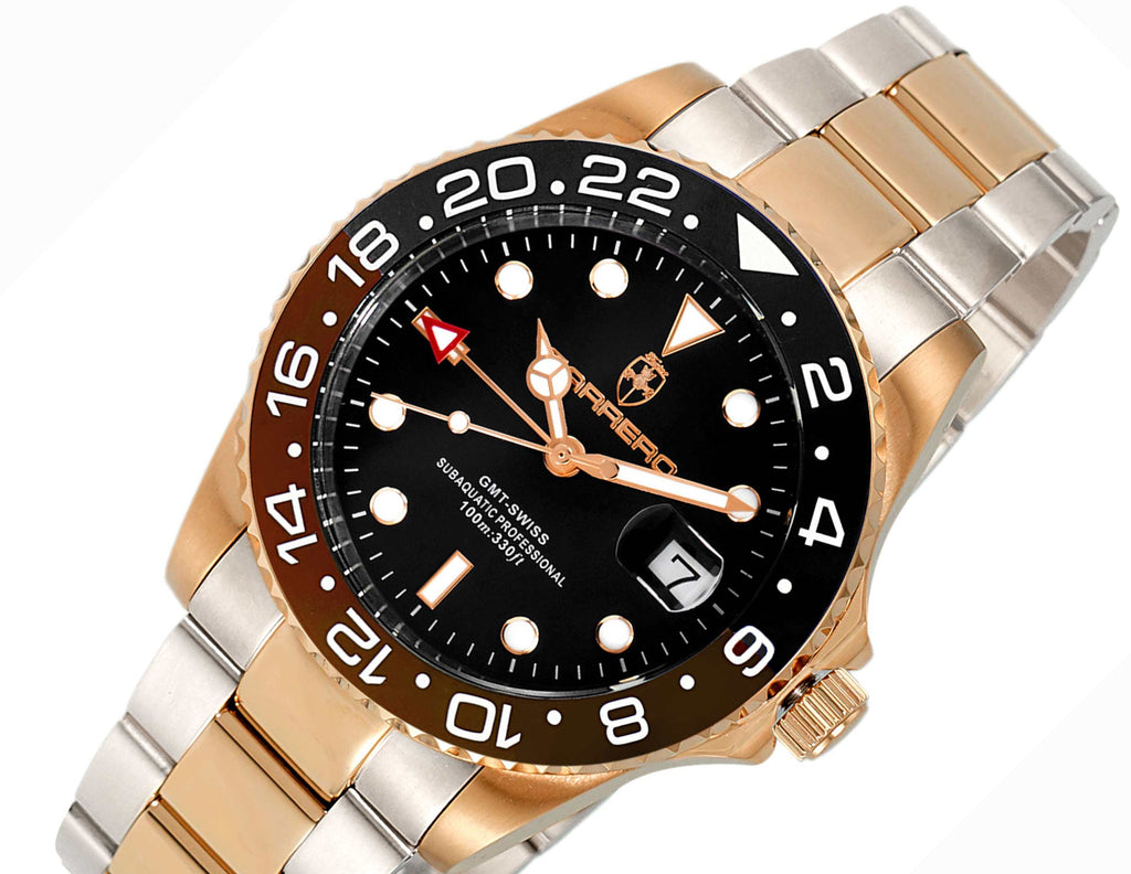 Lechateau Watches SWISS QUARTZ,. Black Date- Dial, Black-Brown bezel. 2-tone Rose band,Retail at (MSRP: $1,908.00)
