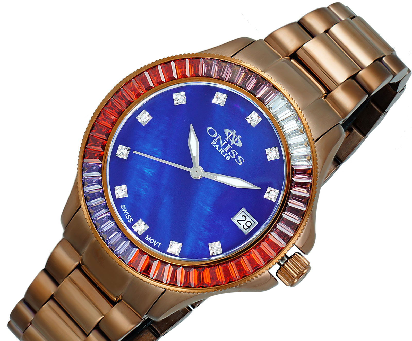 ONIS LADIES SWISS MOVEMENT, MULTI-COLOR STONE, BLUE MOP DIAL,  ON7324-60BNBU - RETAIL AT (MSRP:  $550.00)
