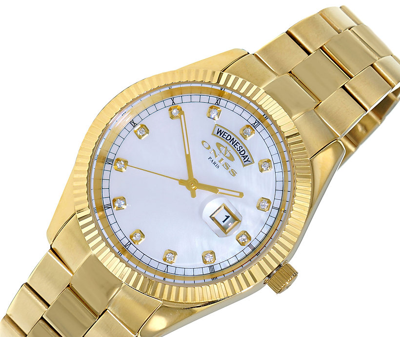 ONISS AUSTRIAN CRYSTAL ACCENT, DAY-DATE WITH WHITE MOPW DIAL , ON3881-MGWT , RETAIL AT (MSRP: $325.00)
