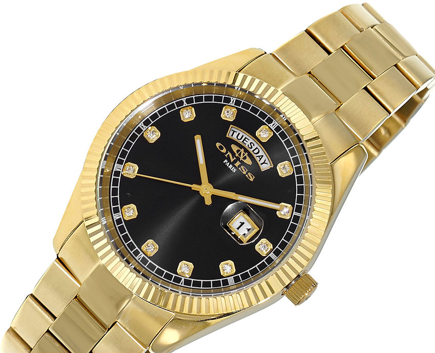 ONISS DAY-DATE WITH SUN RAY BLACK DIAL , ON3881-MGBK , RETAIL AT $345.00