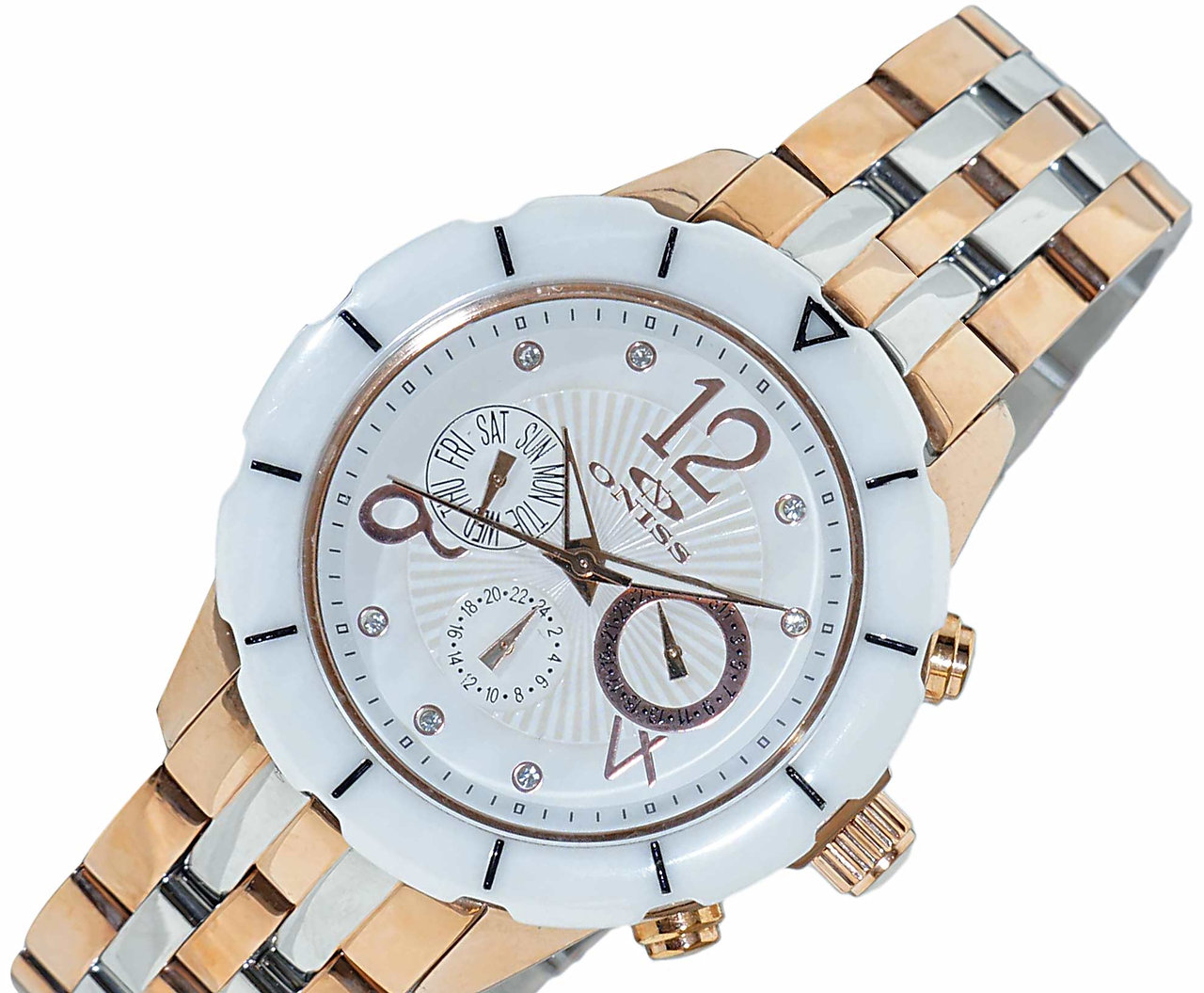 ONISS  Master Calendar, White High-tech Ceramic with 2-tone Rose Stainless Steel Band ,  ON7200-MB_TTR (MSRP: $ 550.00)