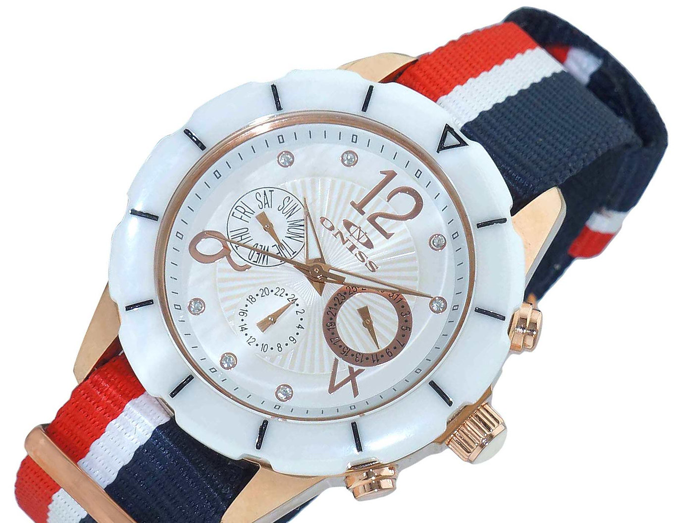 ONISS  Master Calendar, White High-tech Ceramic with PU- Multi-Colored Strap,  ON7200-LB - (MSRP: $ 550.00)