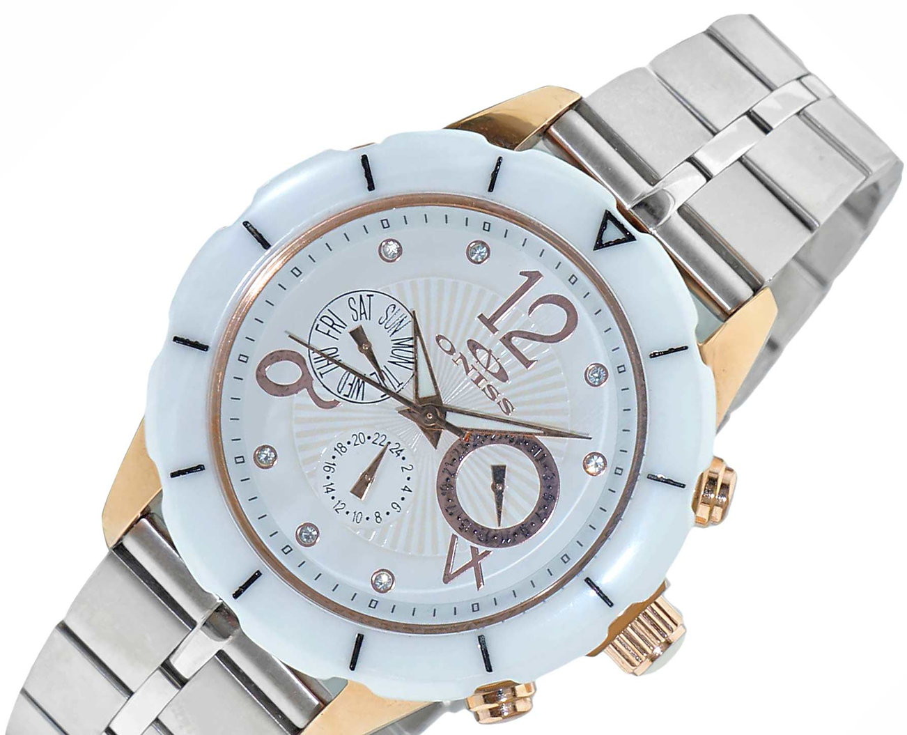 ONISS  Master Calendar, White High-tech Ceramic with Stainless Steel Band ,  ON7200-MB_SS (MSRP: $ 550.00)