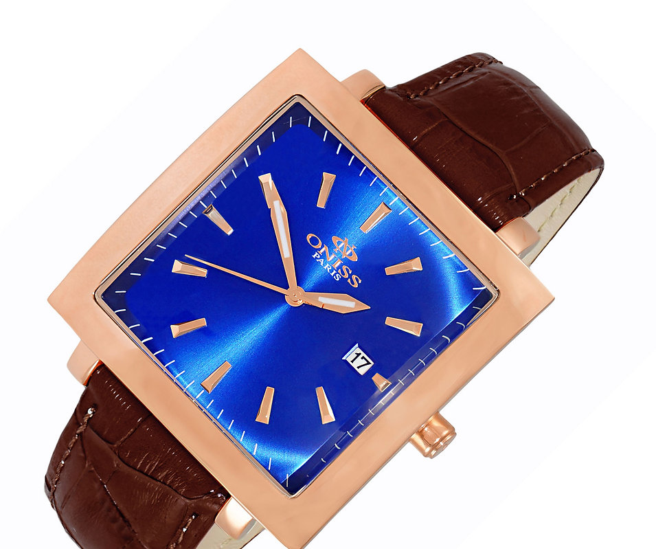 ONISS ROSE TONE, BLUE SUNRAY 3-HANDS DATE DIAL, CURVE CRYSTAL, GENUINE LEATHER BAND (MSRP: $275.00)