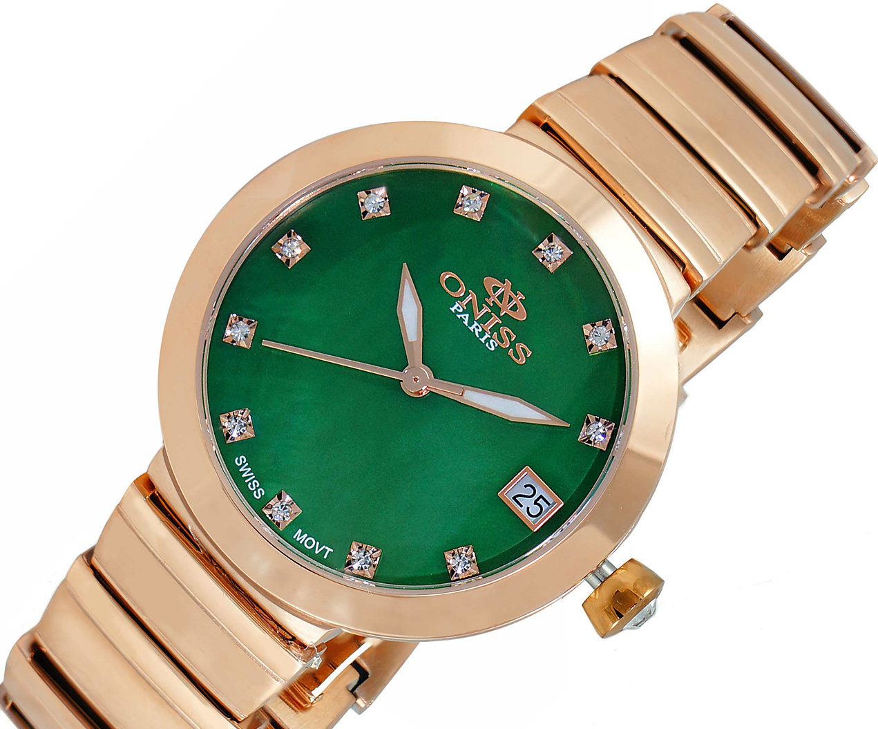 Oniss Swiss Movement, Austrian Crystal Accent, Green  Mother Of Pearl Dial, On5559-30rgg- Retail At (Msrp: $425.00)