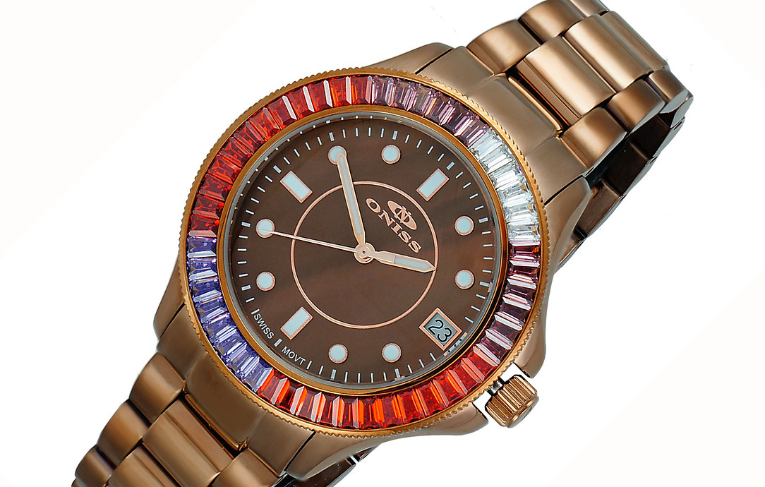 ONISS SWISS MOVEMENT, MULTI-COLOR AUSTRIAN CRYSTAL ACCENT, BROWN MOP DIAL,  ON7324-60_IPBN - RETAIL AT (MSRP:  $550.00)