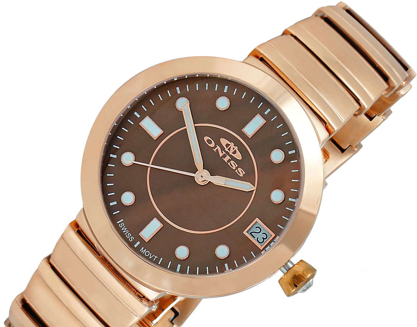 ONISS SWISS MOV'T., DATE-MOTHER OF PEARL DIAL, AUSTRIAN CRYSTAL, ON5559-12BNRG  - RETAIL AT (MSRP:$550.00)