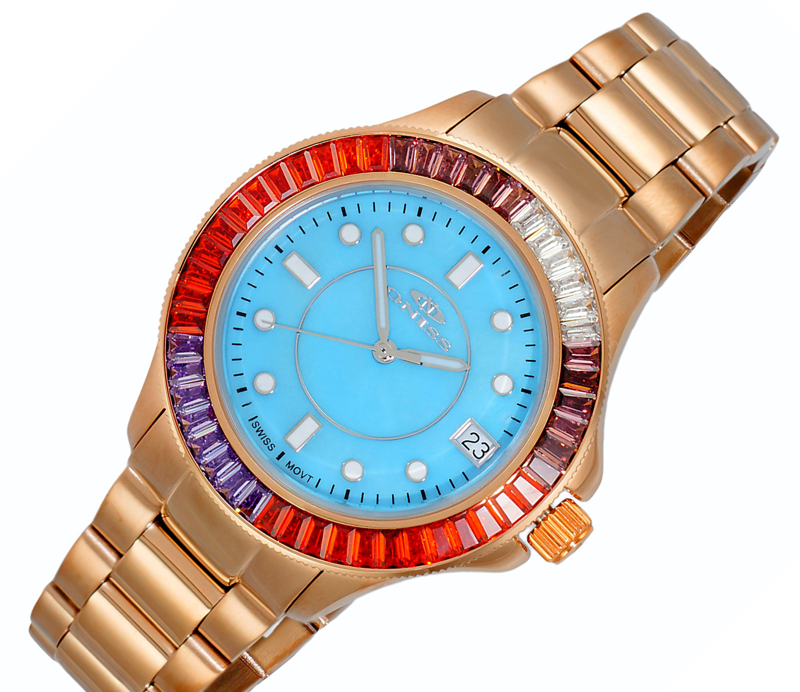 SWISS MOVEMENT, MULTICOLOR AUSTRIAN CRYSTAL ACCENT, BROWN MOP DIAL