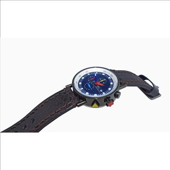 ADEE KAYE CHRONOGRAPH MOV'T, BLACK-IP STAINLESS STEEL CASE, BROWN VINTAGE STRAP, MULTI- COLOR HANDS , AT (MSRP:$625.00)