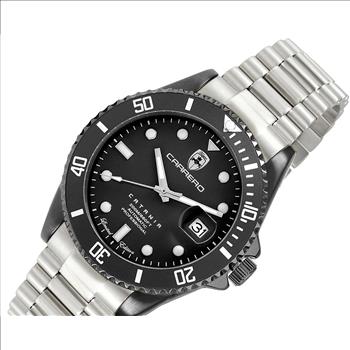 Lechateau Men's Automatic NH35 -21 JEWELS, Magnifying Date Dial with Exhibition Back, Black-IP Case, Silvertone Band, C1BK888BK_SS -  Retail at (MSRP: $ 2,124.00)