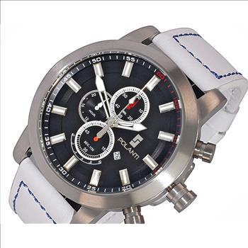 Lechateau Watches - POLANTI Men's Chronograph Mov't. Black Date Dial-White Strap, RG0001W_BK-SS, RETAIL AT (MSRP: $ 794.00)