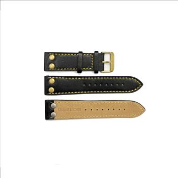 GENUINE LEATHER STRAP (24 mm) - BLACK-YELLOW-GOLD BUCKLE) SOFT SHINE TEXTURE - AK0007YL-BKGO