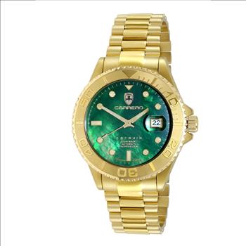 Lechateau Watches Men's Automatic - Magnifying Date, Green MOP Dial with Exhibition Back case (MSRP: $ 2,124.00)