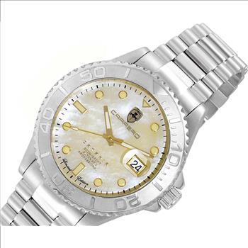 Lechateau Watches Men's Automatic - Magnifying Date, Yellow MOP Dial with Silvertone and Band  - C1S266BU-GO - Retail at (MSRP: $ 2,124.00)