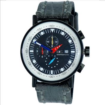 ADEE KAYE CHRONOGRAPH MOV'T, BLACK-IP STAINLESS STEEL CASE, BLACK VINTAGE STRAP,  MULTI- COLOR HANDS ,  AT (MSRP:$625.00)