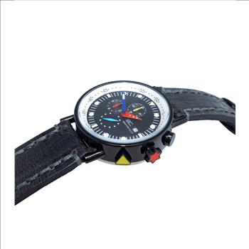 ADEE KAYE CHRONOGRAPH MOV'T, BLACK-IP STAINLESS STEEL CASE, BLACK VINTAGE STRAP,  MULTI- COLOR HANDS ,  AT (MSRP:$625.00)