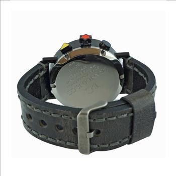 ADEE KAYE CHRONOGRAPH MOV'T, BLACK-IP STAINLESS STEEL CASE, BLACK VINTAGE STRAP,  MULTI- COLOR HANDS ,  AT (MSRP:$625.00)