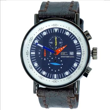 ADEE KAYE CHRONOGRAPH MOV'T, BLUE DIAL BLACK-IP STAINLESS STEEL CASE, BROWN VINTAGE STRAP,  MBC2226-BUBN_VIN,  AT (MSRP:$625.00)
