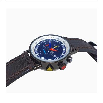 ADEE KAYE CHRONOGRAPH MOV'T, BLUE DIAL BLACK-IP STAINLESS STEEL CASE, BROWN VINTAGE STRAP,  MBC2226-BUBN_VIN,  AT (MSRP:$625.00)