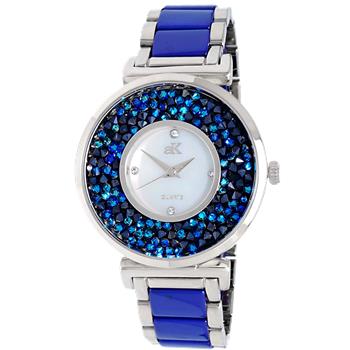 ADEE KAYE LADIES, BLUE HIGH -TECH CERAMIC, AND STAINLESS STEEL CASE, WHITE MOP DIAL WITH BLUE STONE, AK8661, MSRP: $495.00