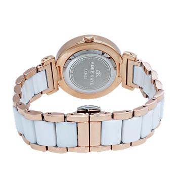 ADEE KAYE LADIES, WHITE HIGH -TECH CERAMIC, ROSE TONE STAINLESS STEEL CASE, WHITE MOP DIAL WITH WHITE STONE, MSRP: $495.00