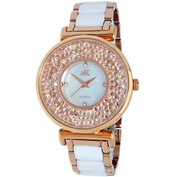 ADEE KAYE LADIES, WHITE HIGH -TECH CERAMIC, ROSE TONE STAINLESS STEEL CASE, WHITE MOP DIAL WITH WHITE STONE, MSRP: $495.00