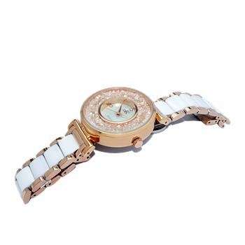 ADEE KAYE LADIES, WHITE HIGH -TECH CERAMIC, ROSE TONE STAINLESS STEEL CASE, WHITE MOP DIAL WITH WHITE STONE, MSRP: $495.00