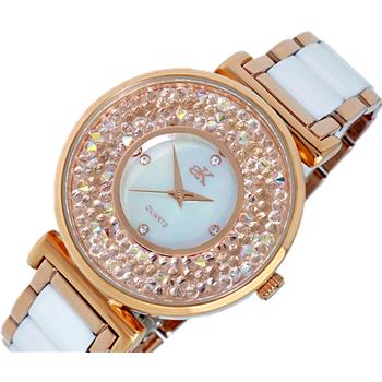 ADEE KAYE LADIES, WHITE HIGH -TECH CERAMIC, ROSE TONE STAINLESS STEEL CASE, WHITE MOP DIAL WITH WHITE STONE, MSRP: $495.00