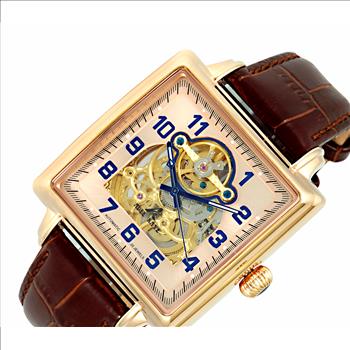 Adee Kaye Men's Skeletal Automatic Stainless Steel & Leather Watch-Rose tone/Brown AK8022-MRG-BNL - Retail at $495.00