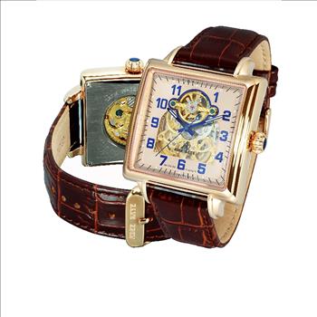 Adee Kaye Men's Skeletal Automatic Stainless Steel & Leather Watch-Rose tone/Brown AK8022-MRG-BNL - Retail at $495.00