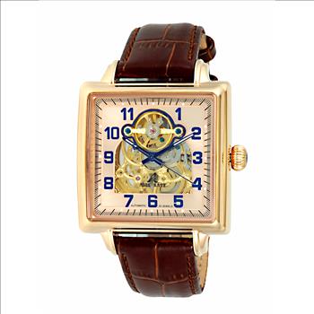 Adee Kaye Men's Skeletal Automatic Stainless Steel & Leather Watch-Rose tone/Brown AK8022-MRG-BNL - Retail at $495.00
