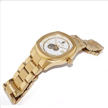 Lechateau  Automatic NH35A - 24 JEWELS, White Date Dial with Heart Beat, Exhibition Back, Goldtone, (MSRP: $2,268.00)