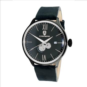 Lechateau, Men's 24-JEWELS AUTOMATIC, WITH HEART BEAT CURVE BLACK DIAL, BLACK-IP TONE, GENUINE LEATHER BAND, (MSRP: $2,268.00)