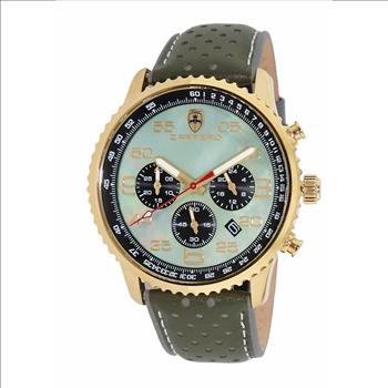 Lechateau Men's VR32 Chronograph Mov't, Mint Green MOP Dial, Olive Green Genuine Leather Band,  (MSRP: $2,148.00)